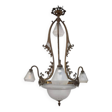 Art Nouveau chandelier in brass and bronze