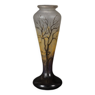 Muller Frères Lunéville glass paste vase decorated with tree and bird