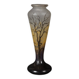Vase en pâte de verre Muller Frères Lunéville décor d'arbre et d'oiseau