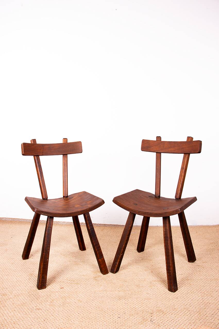 Brutalist pair of chairs in Elm in the style of Jean Touret 1950.