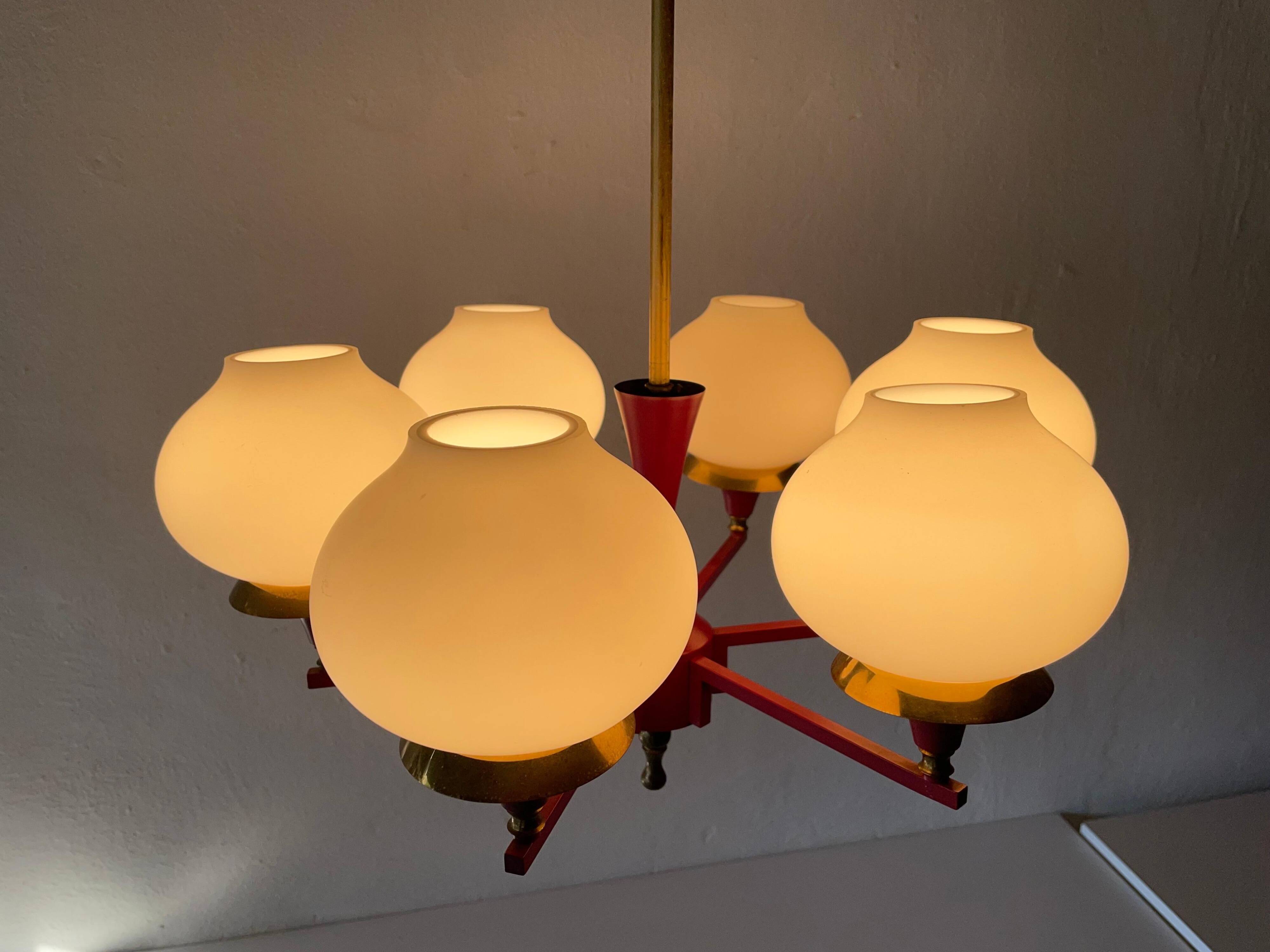 6 pendant lamps in glass and burgundy brass by Hans-Agne Jakobsson, 1960s, Sweden