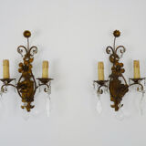 Pair of vintage Italian wall lamps in gilded metal, glass grapevines. Year 60