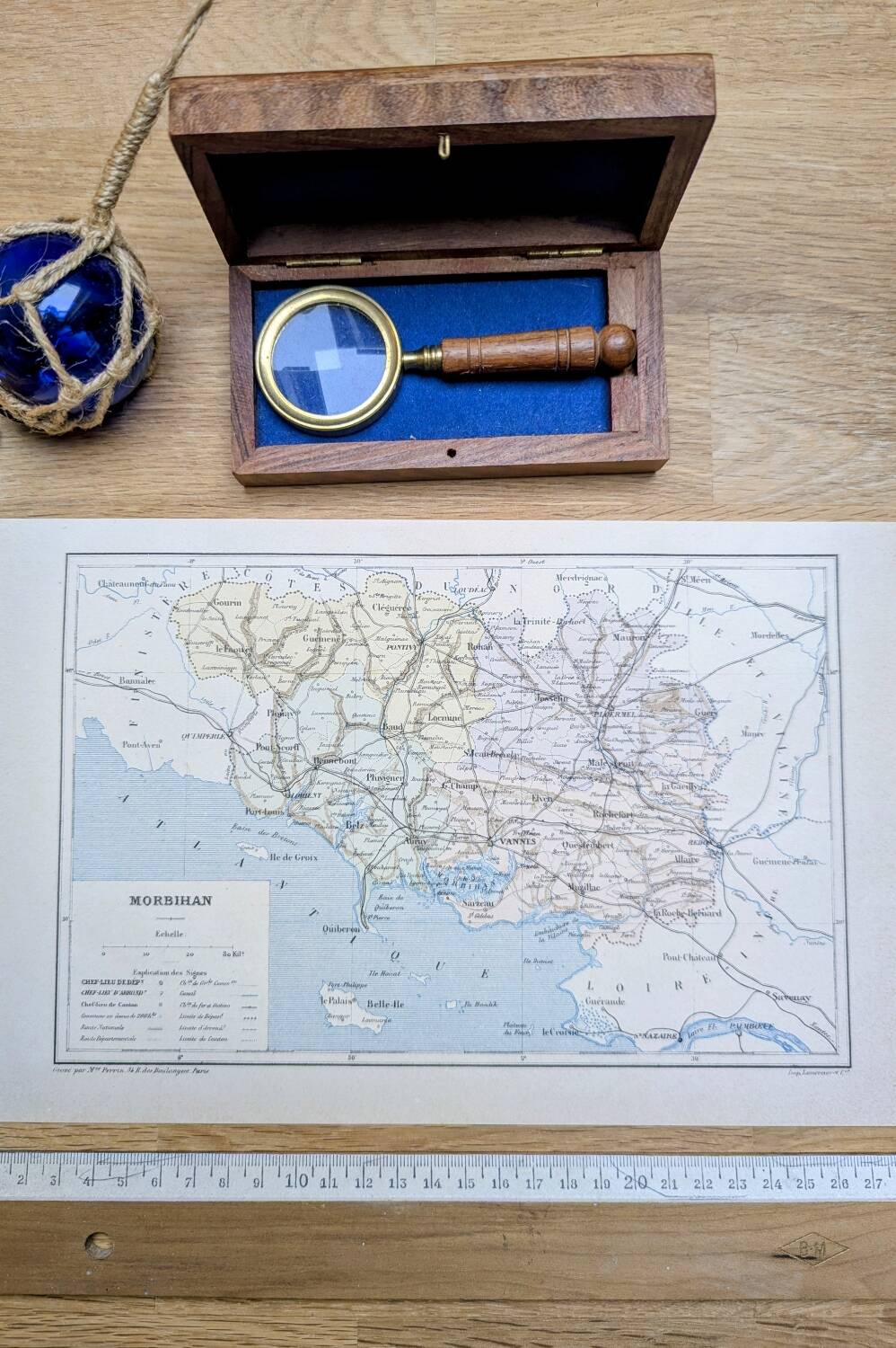 Printed in 1889, the Morbihan, old map.