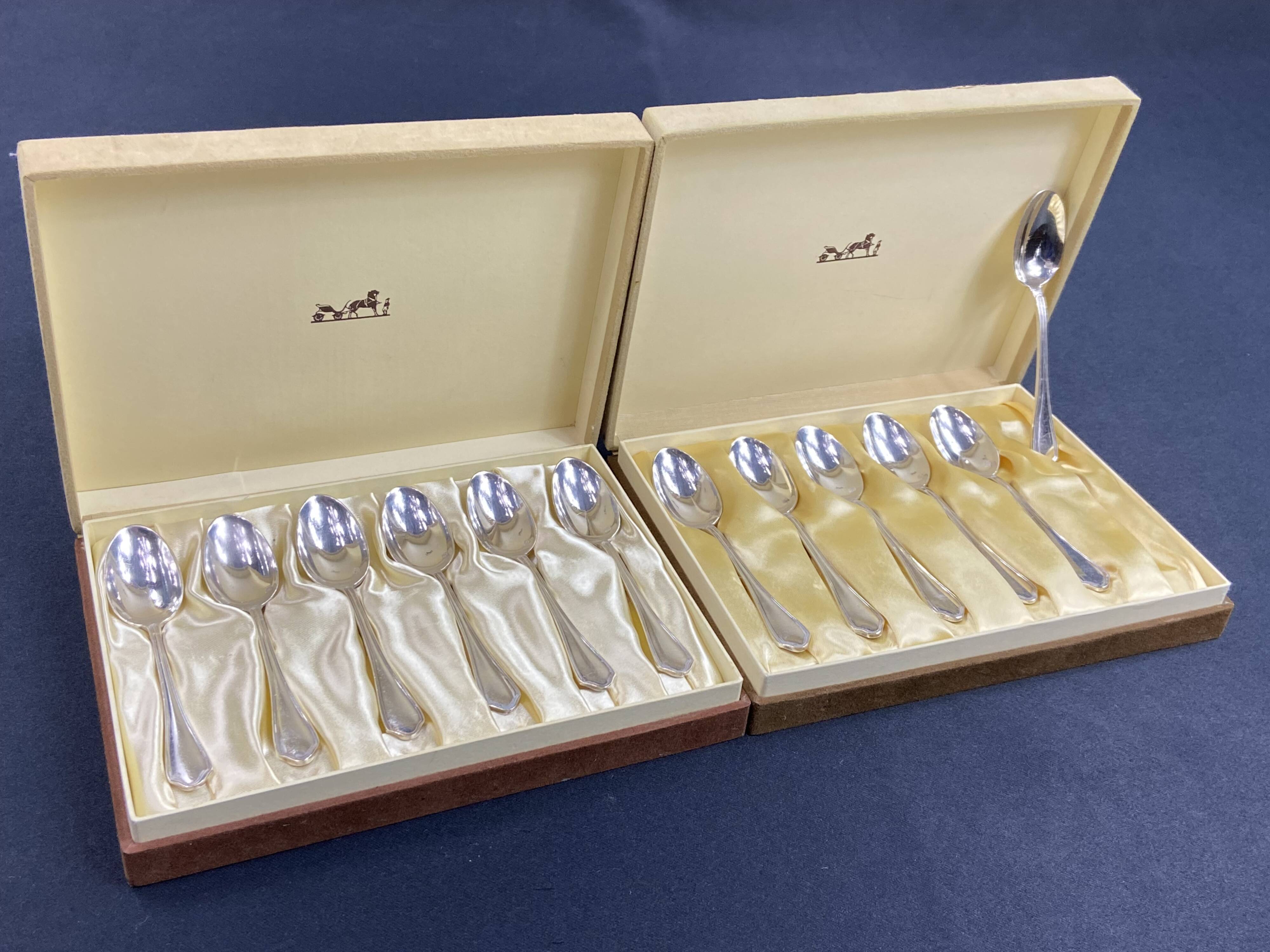 Complete set of 12 Louis XV style mocha spoons in silver-plated metal, Hermès