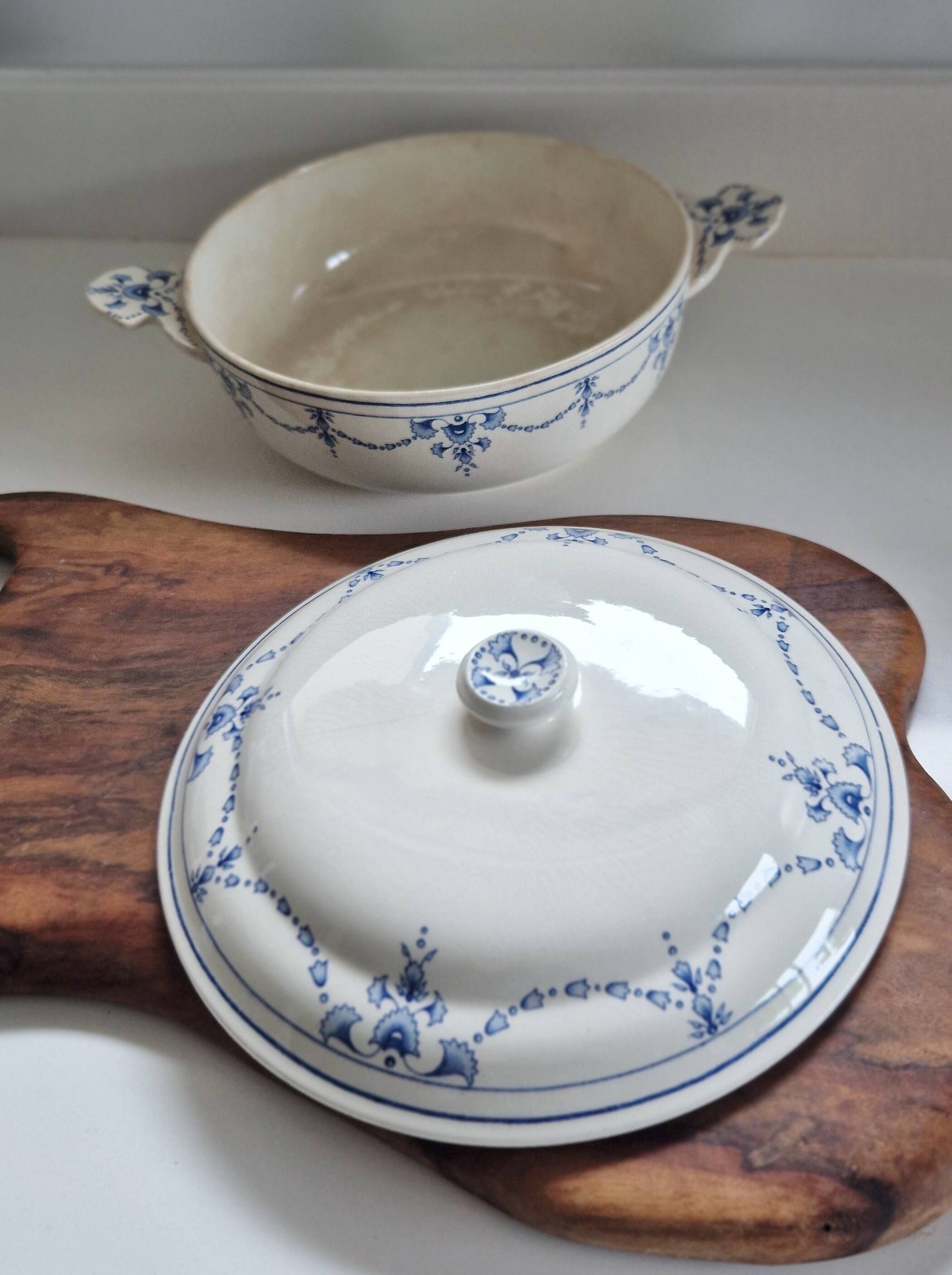 Iron earth soup tureen or vegetable dish bourgeois paris store model vieux lille blue garlands