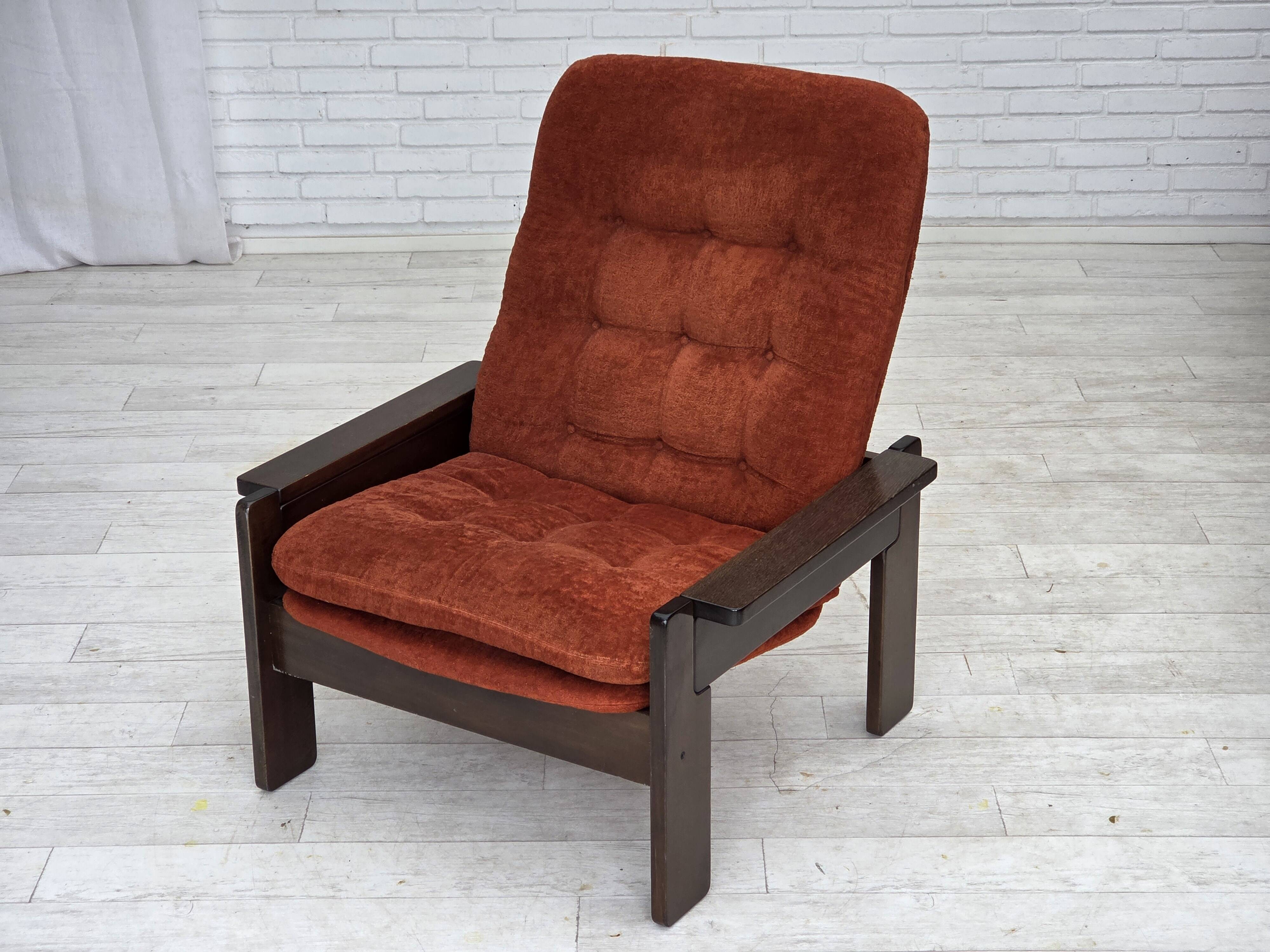 1970s, Danish armchair, orange/red furniture velour, dark oak wood.