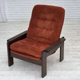 1970s, Danish armchair, orange/red furniture velour, dark oak wood.