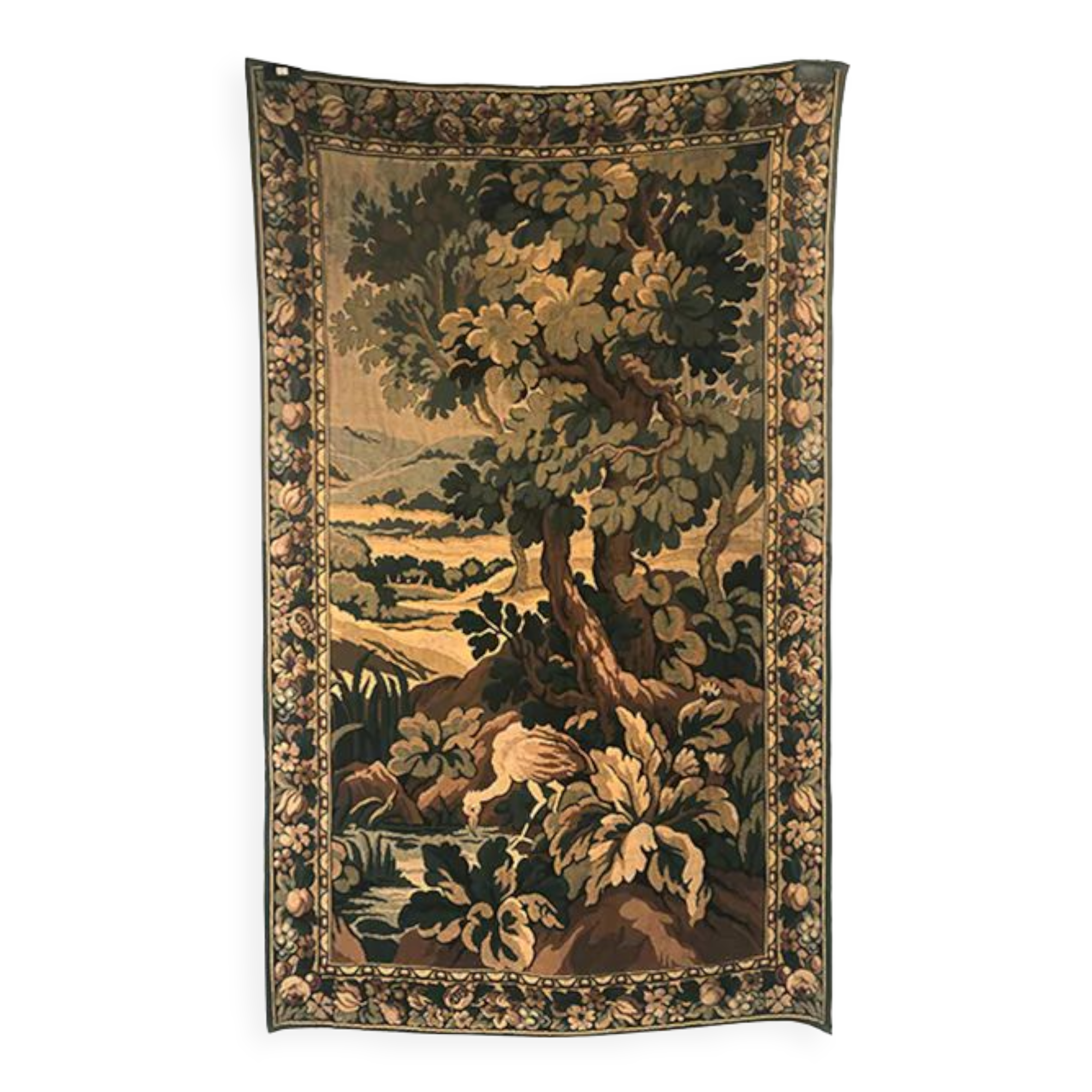 Tapestry decorated with a pink flamingo in a green landscape, woven by hand