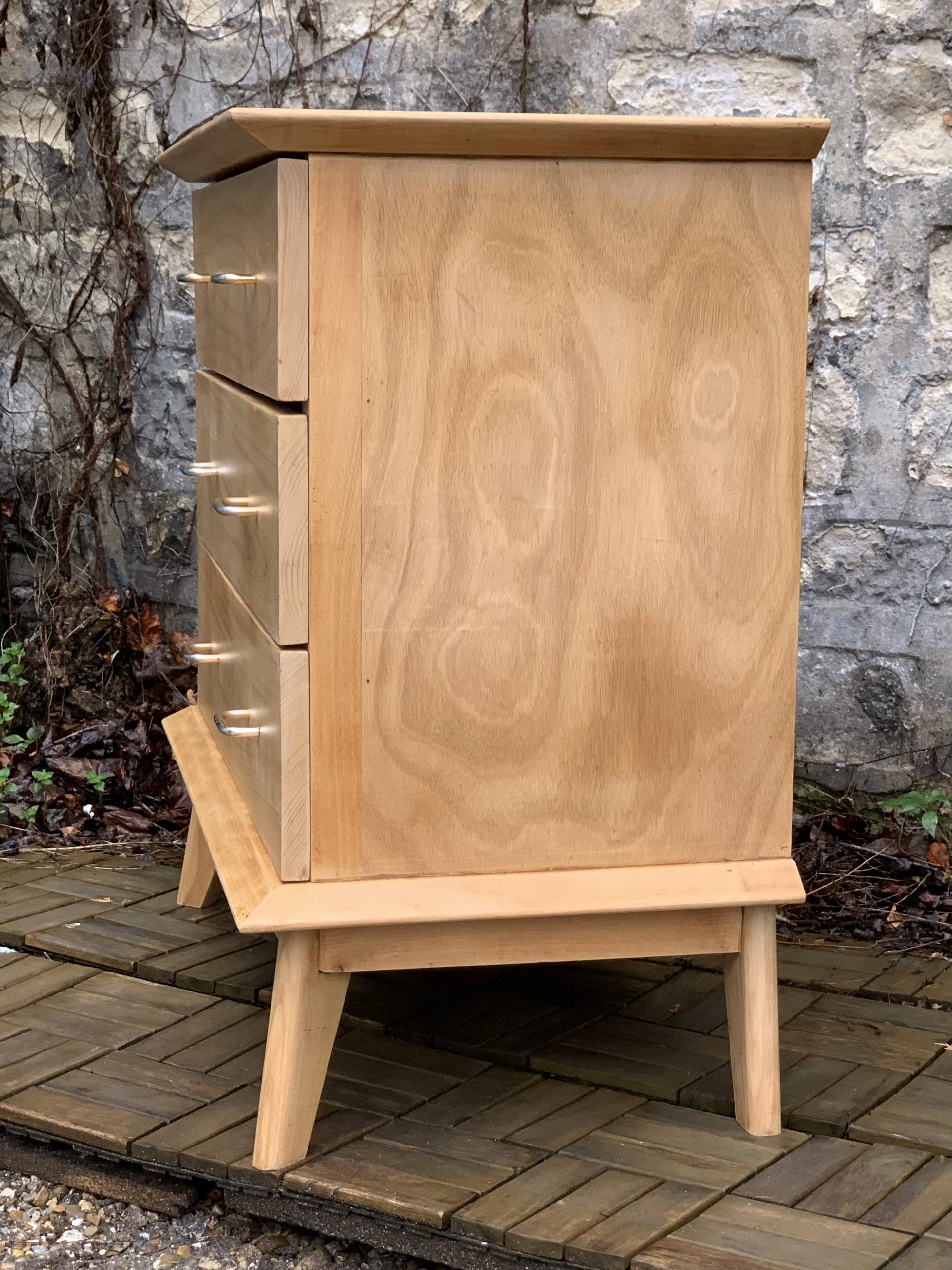 Vintage chest of drawers with compass feet, solid raw beech, 1960s