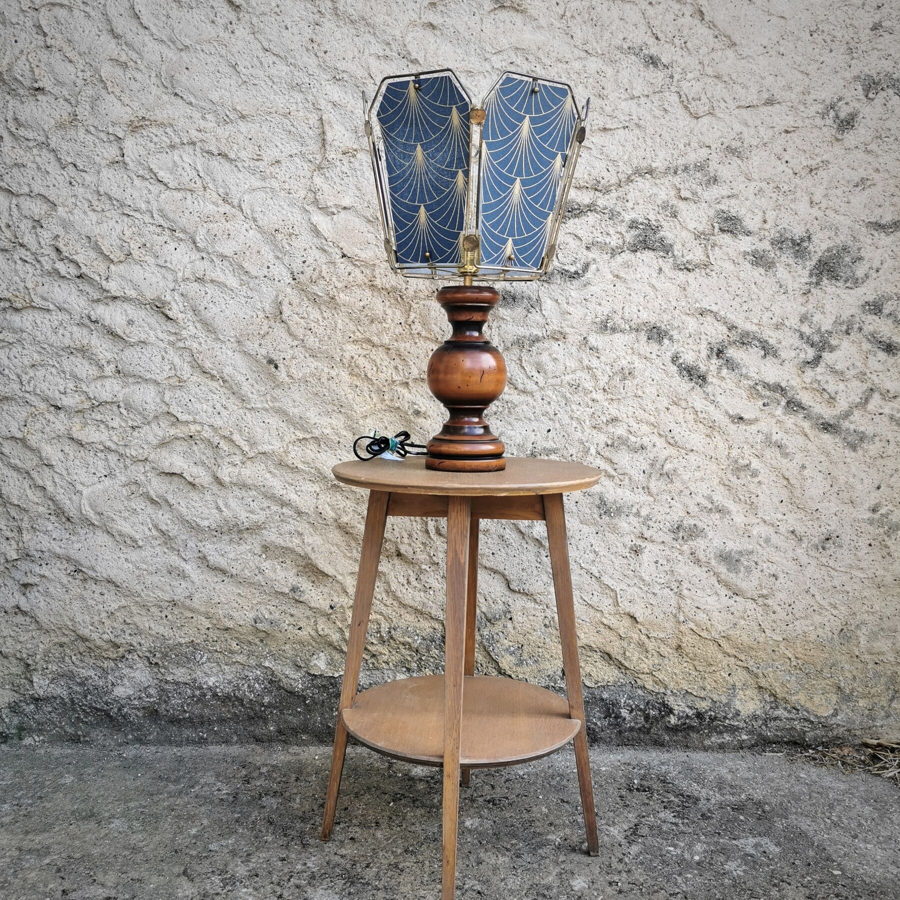 Table lamp, old turned wooden foot, metal lampshade and art deco print