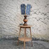 Table lamp, old turned wooden foot, metal lampshade and art deco print