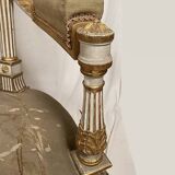 Louis XVI style bench in white and gold lacquered wood, upholstered with tapestry