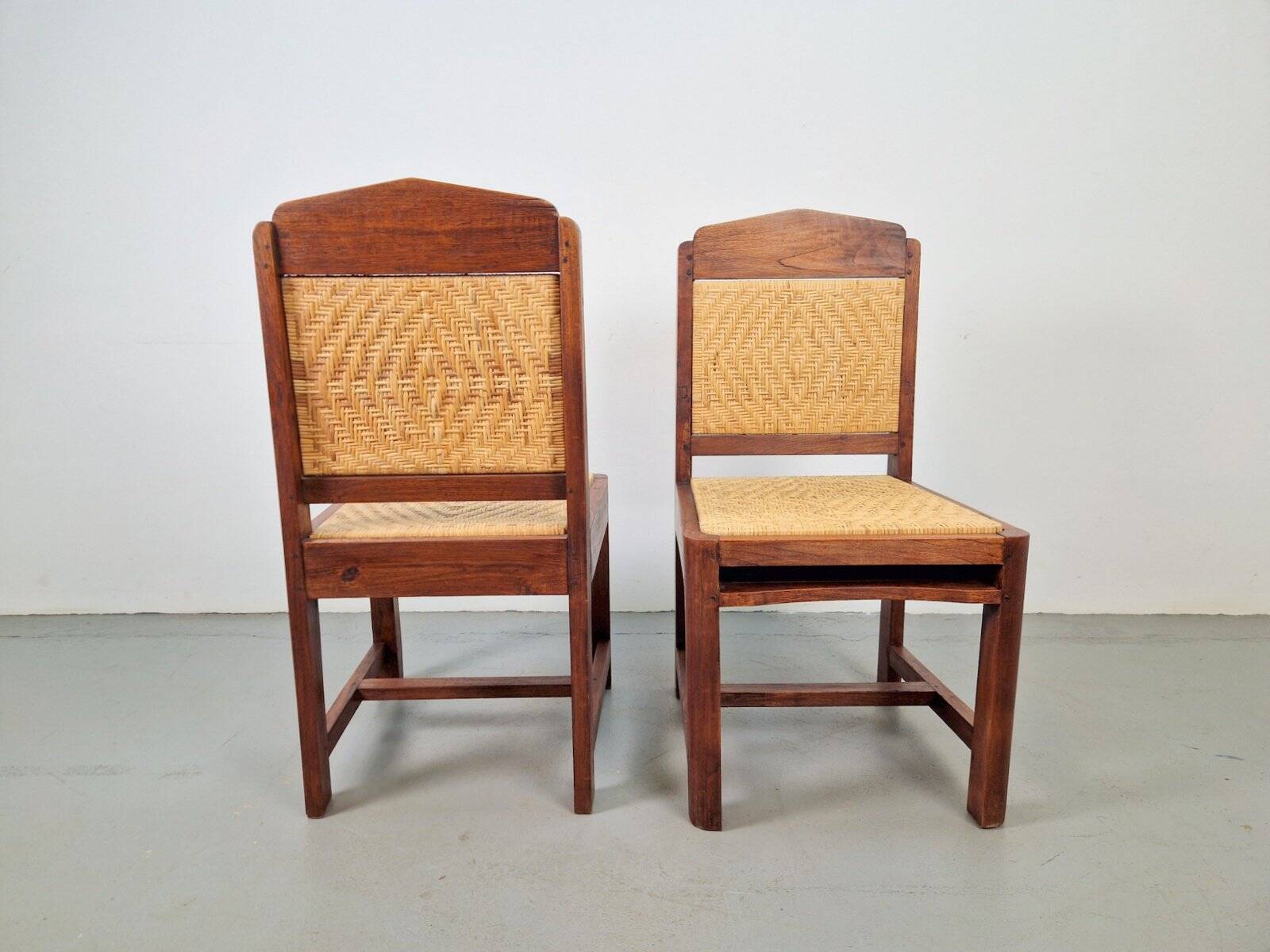 Dutch Art Deco Haagse School Oak and Rattan Webbing Chairs, 1930s, Set of 2