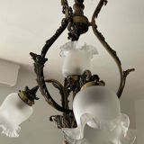 Ancien lustre cage en bronze et 4 feux tulipe
