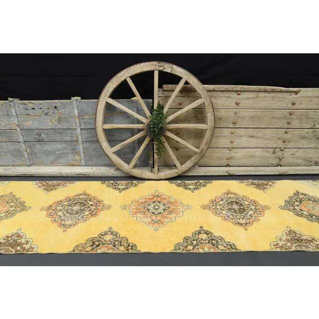 1970s Turkish Oushak Handmade Wool Cotton Yellow Runner 96x385