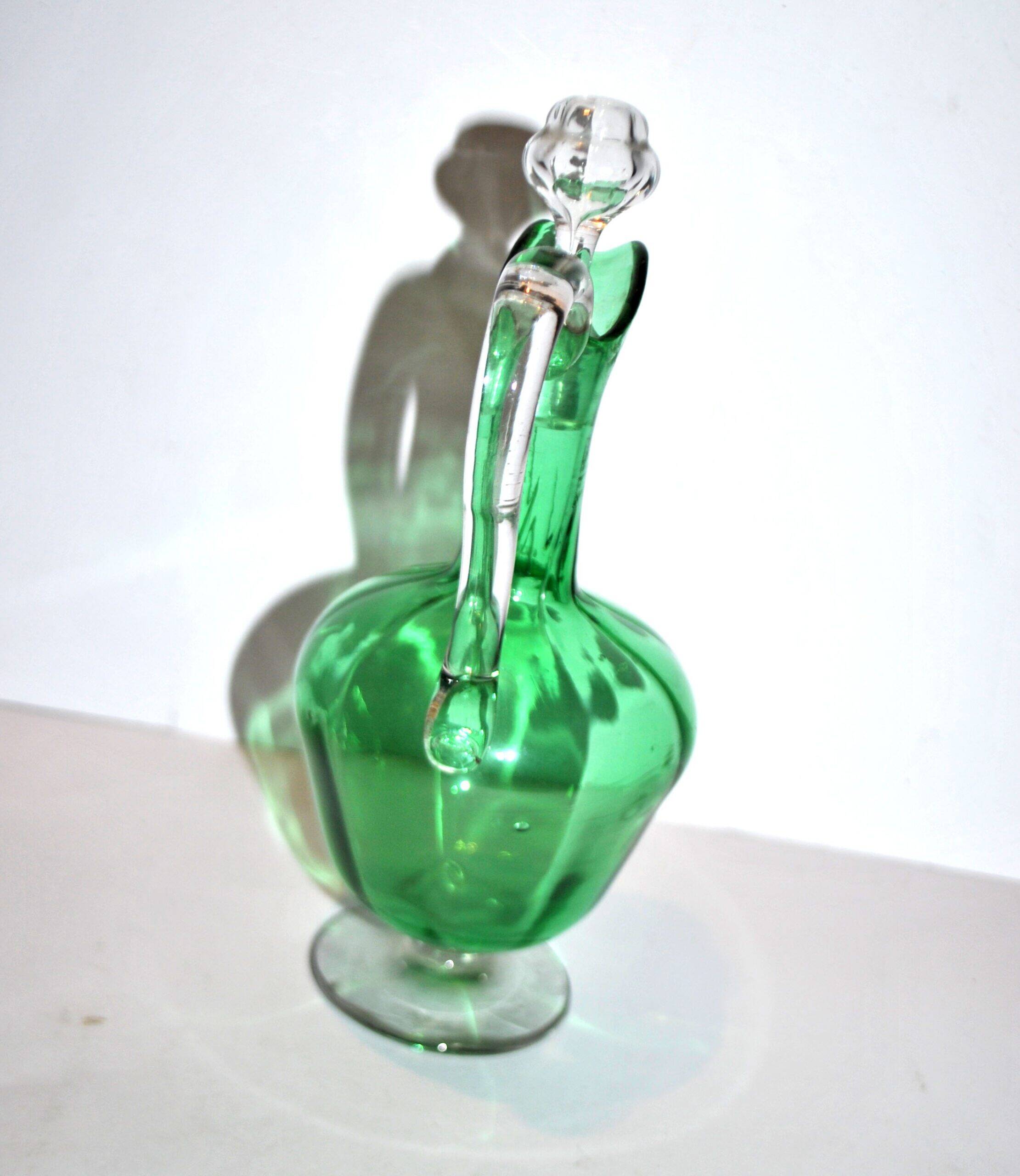Green Venetian-ribbed crystal decanter – antique wine pitcher