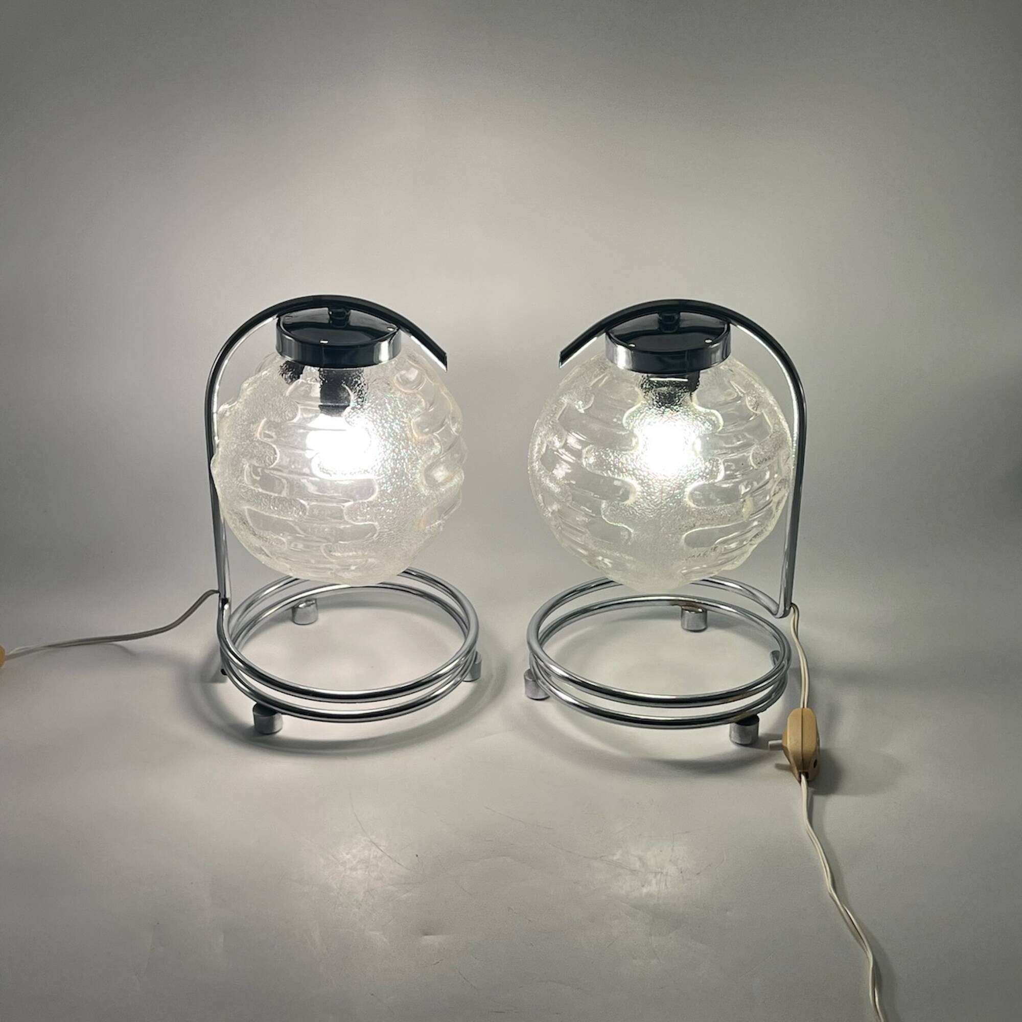 Stunning Pair of 70s Lamps in Chrome Metal and Crafted Glass Richard Essig Besigheim Design