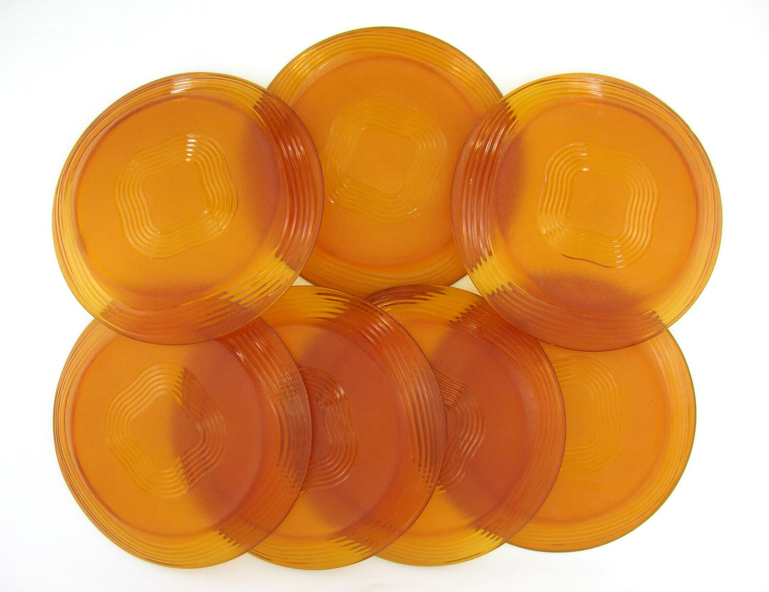 7 flat plates in amber yellow glass - Ondine Duralex France - vintage 70s