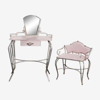 Coiffeuse en formica rose avec fauteuil capitonné 1960