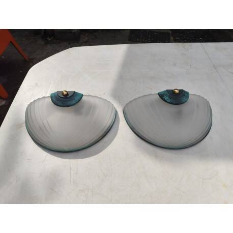 Pair of Art Deco wall lights with opaline glass, copper and brass.