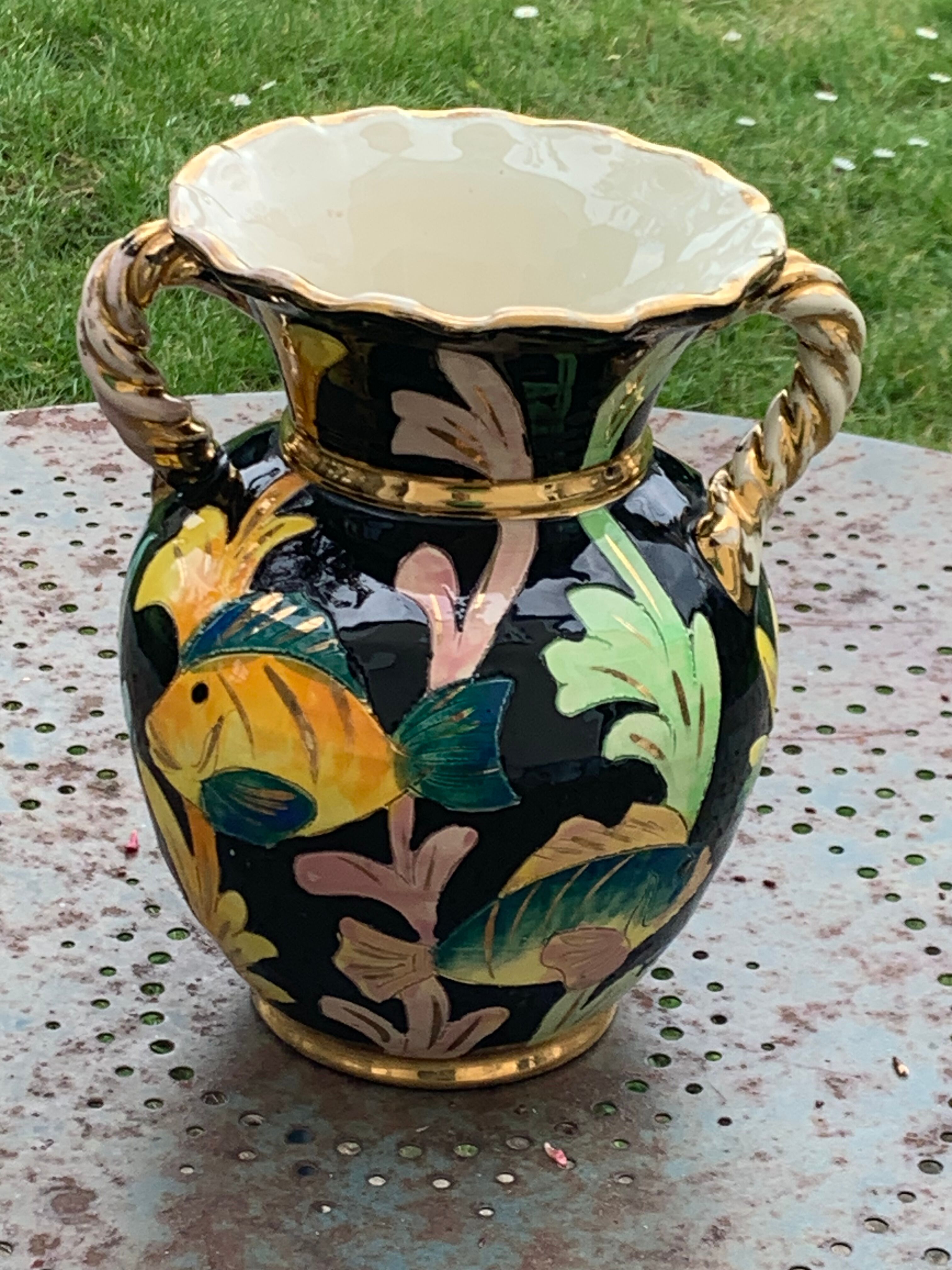Amphora vase in glazed ceramic vintage vallauris fish motifs