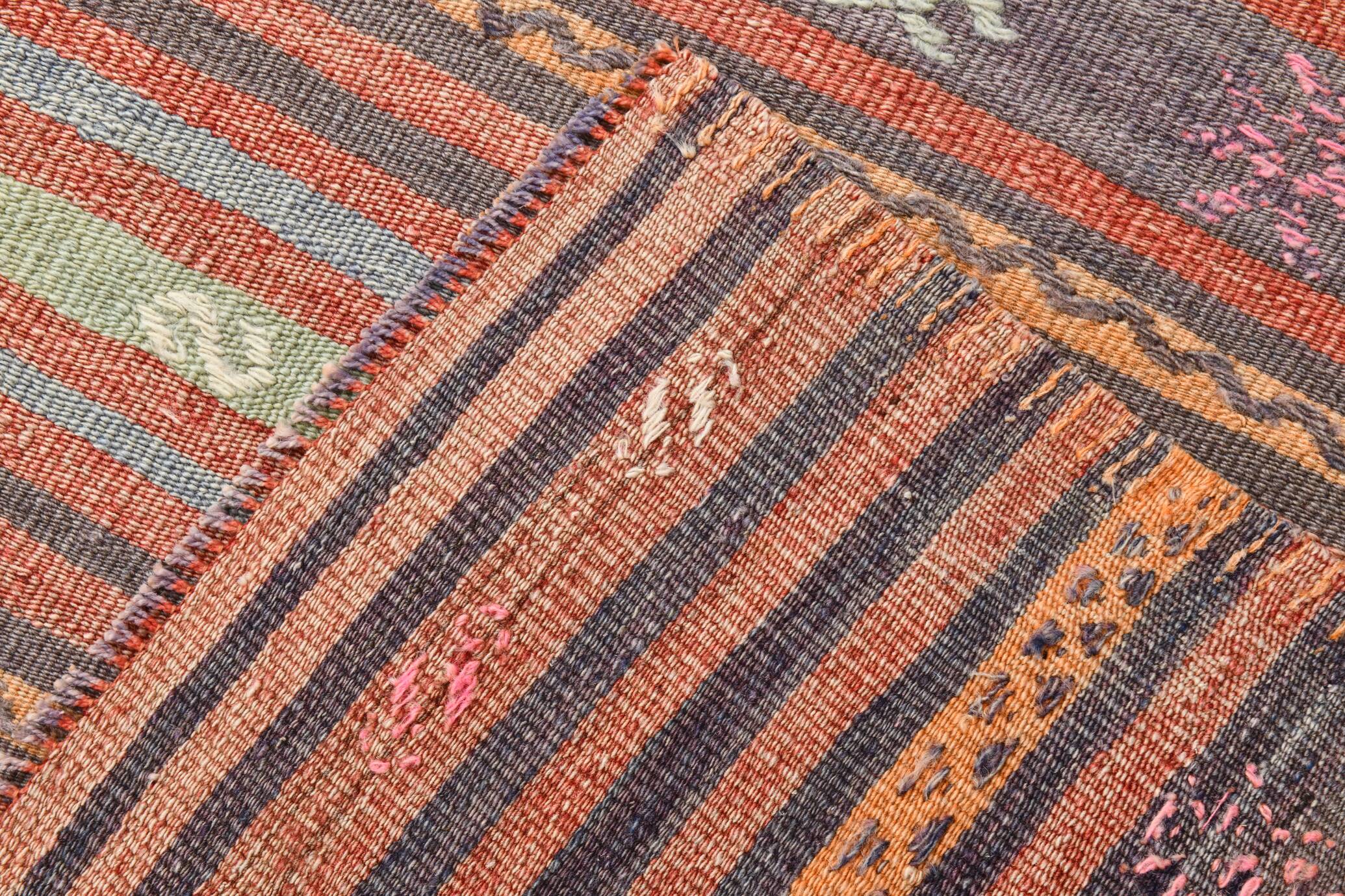 Red & Blue Pinstriped Pattern Vintage Kilim Rug, 156x221Cm