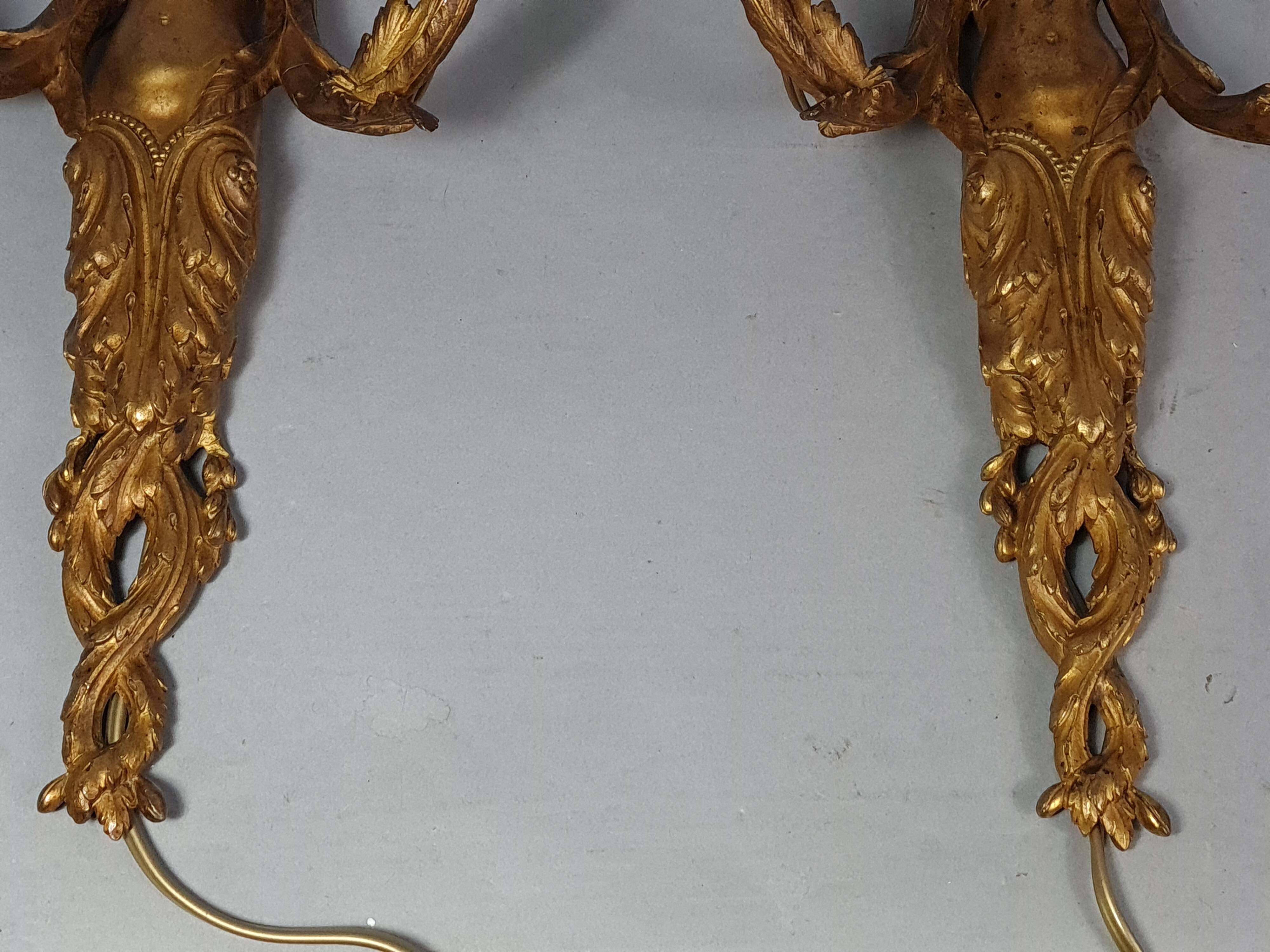 Paire anciennes appliques cariatides bronze doré, électrifiées 4 feux CS862