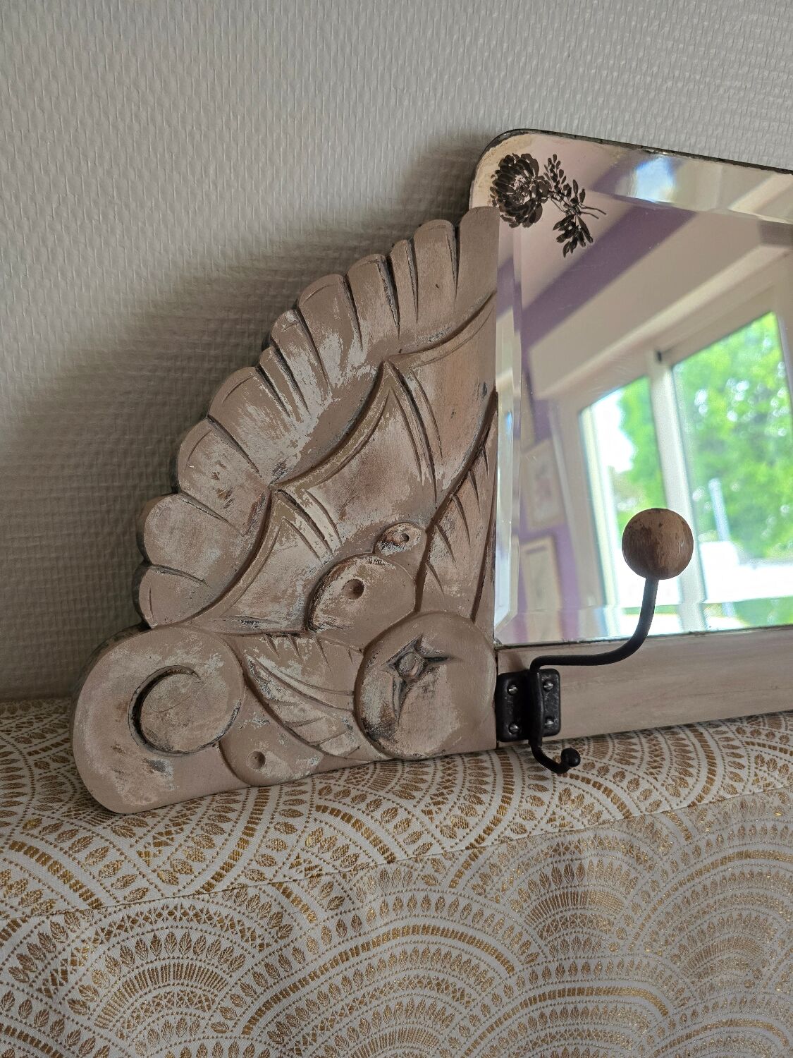 Art Deco wall coat rack with 3 hooks and a mirror.