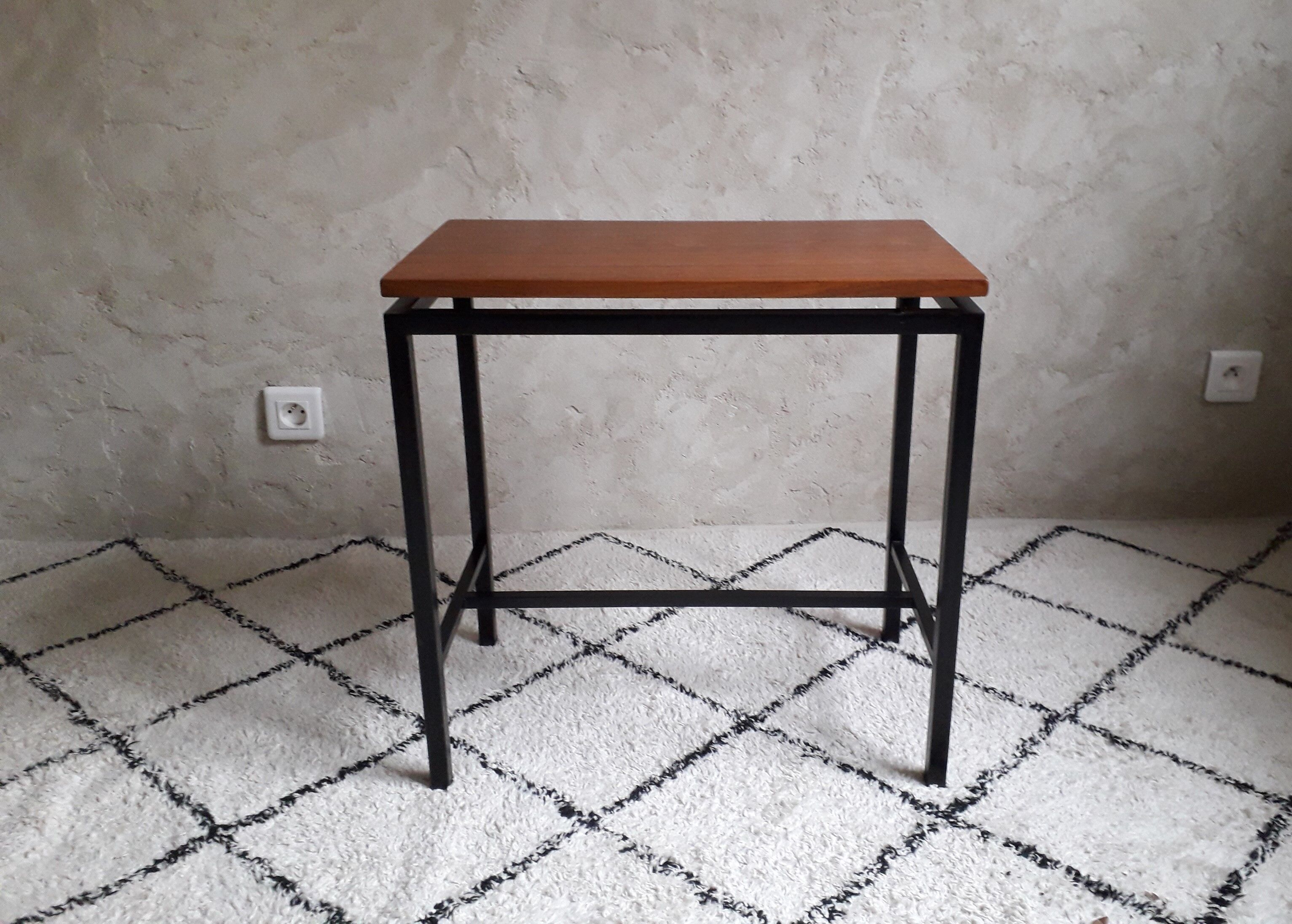 Side table or console teak and vintage metal