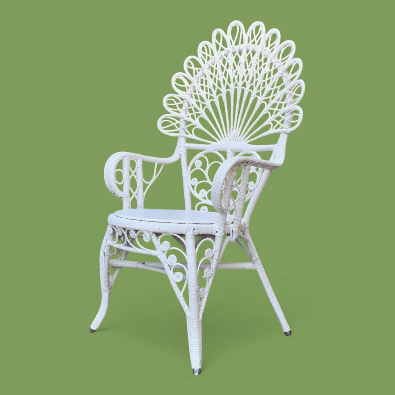 Emmanuelle Peacock white rattan armchair 1970