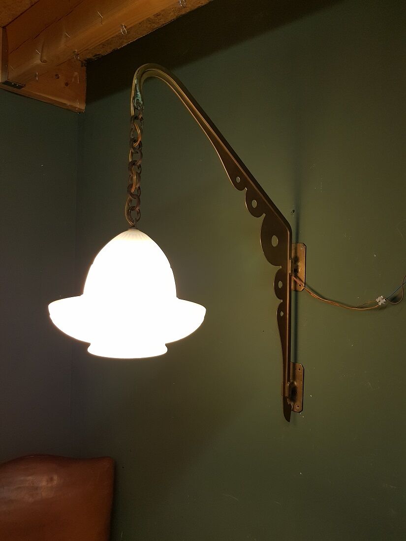 Early 20th century art deco wall lamp with brass bracket and opaline glass shade