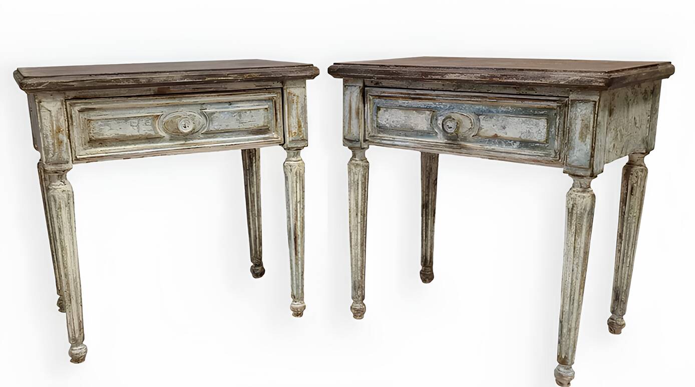 Pair of Louis XVI style bedside tables with patina