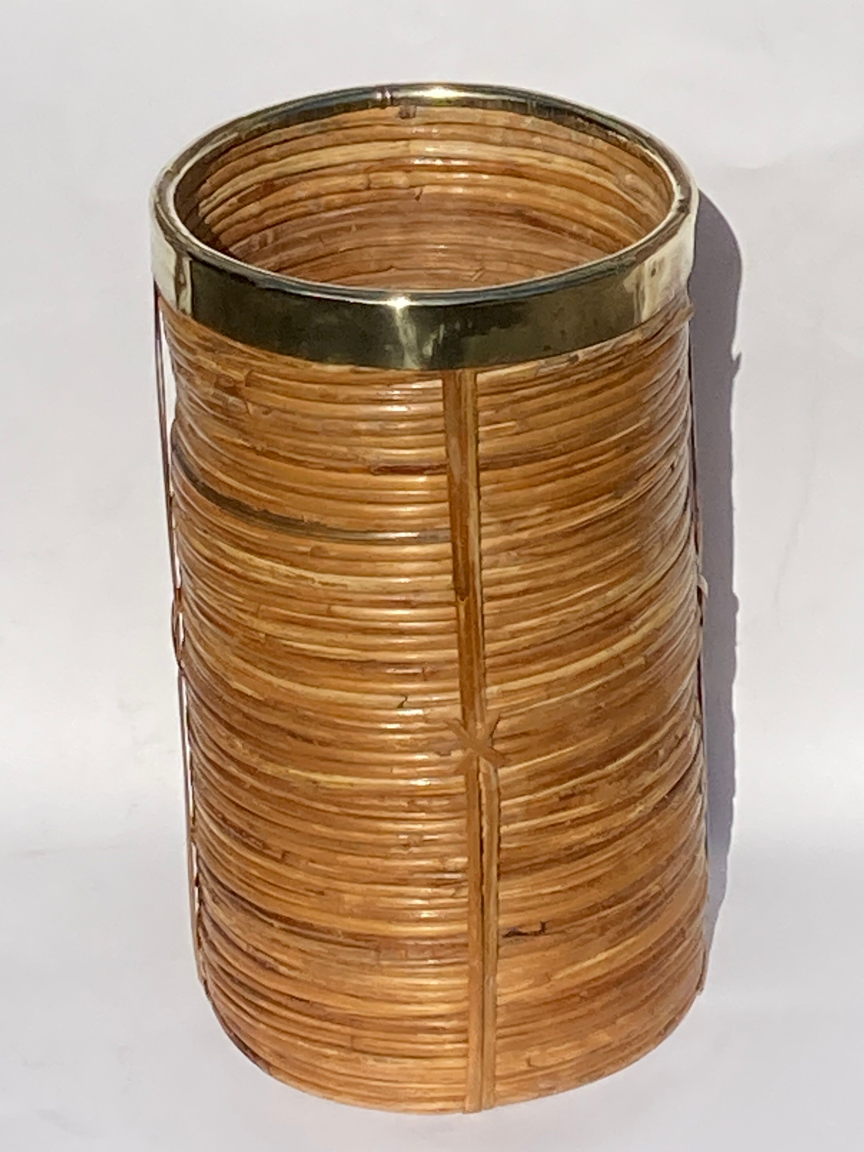 Midcentury rattan wicker and brass umbrella stand or basket