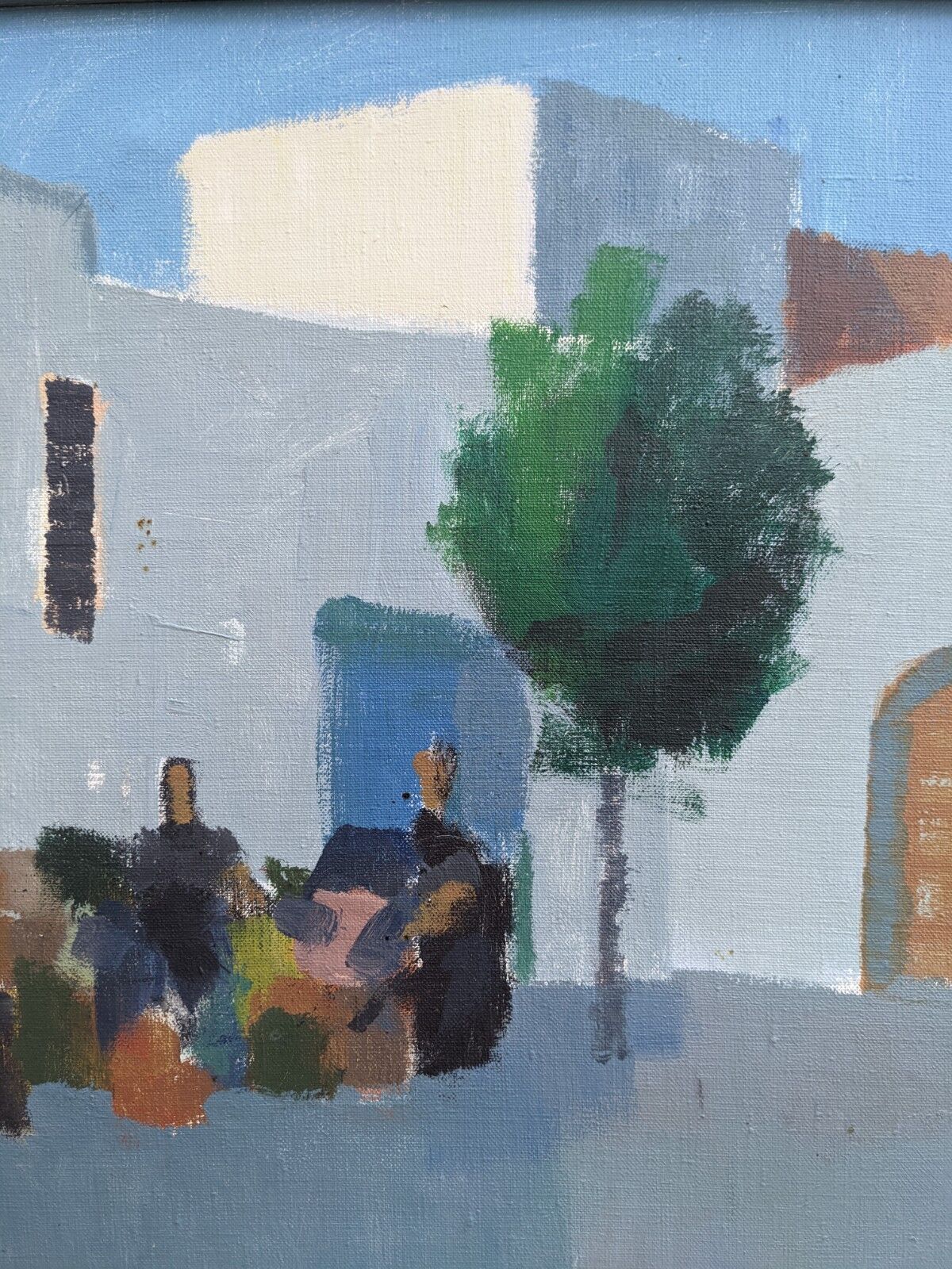 Mid-Century Modern "Charming Town" Vintage Swedish Street Scene Oil Painting, Framed