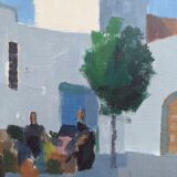 Mid-Century Modern "Charming Town" Vintage Swedish Street Scene Oil Painting, Framed