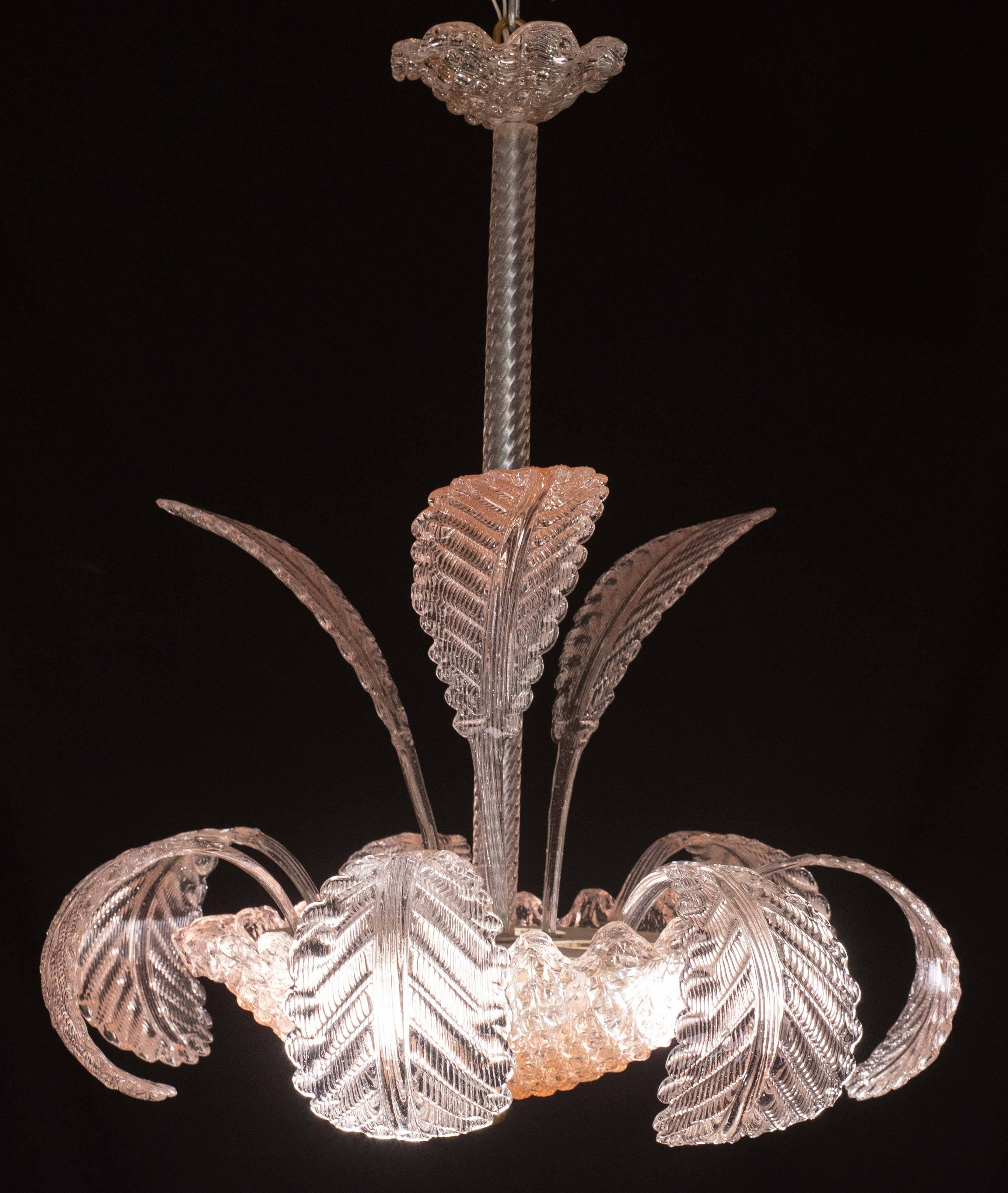 Pink Art Decò Barovier e Toso Chandelier, Murano Glass, 1950s