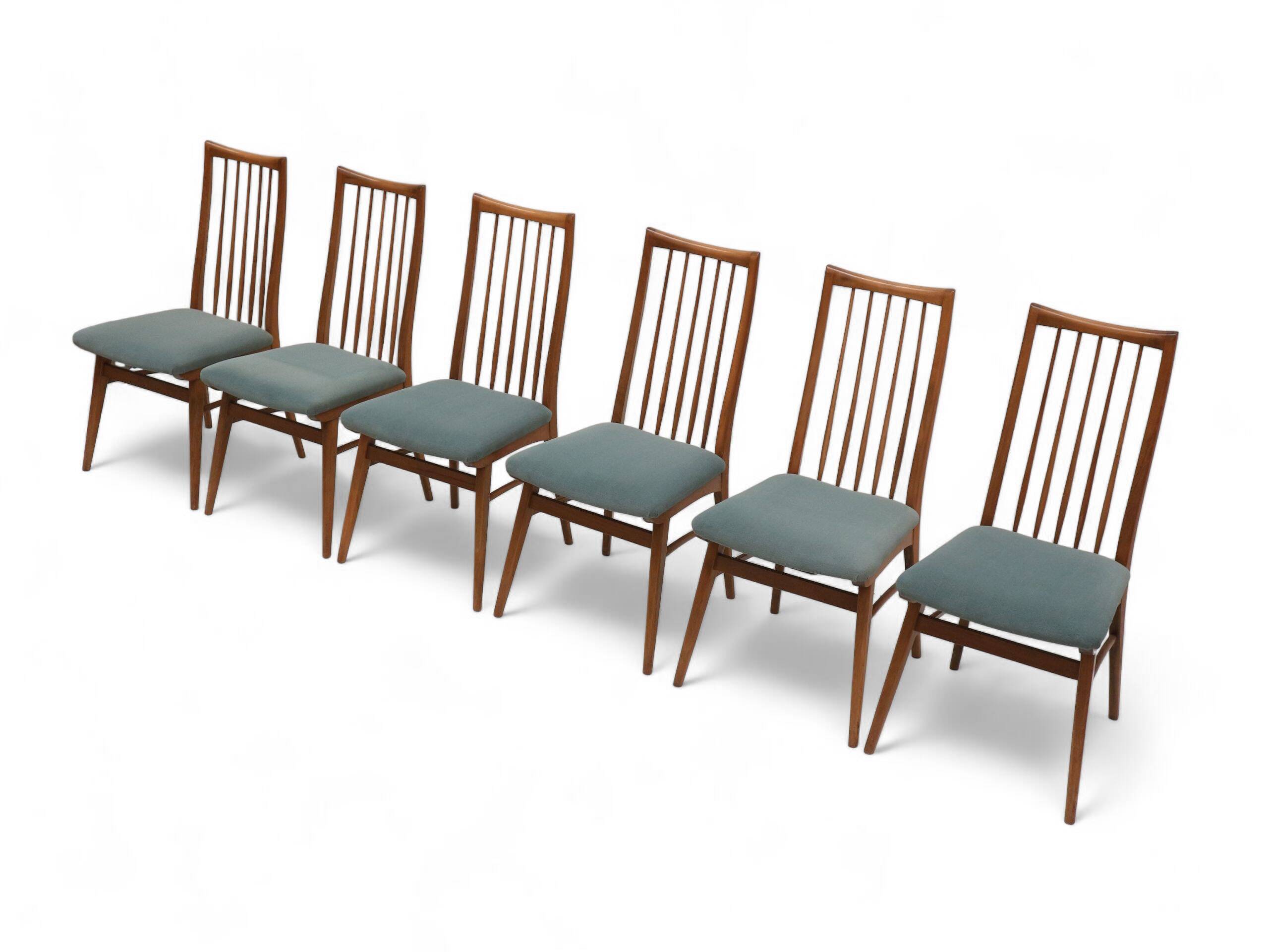 Set of 6 chairs with turquoise upholstery made in the 1960s