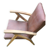 Fauteuil  en bois et simili cuir marron