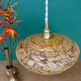 Vintage pendant lamp shade in yellow Clichy glass with red trim