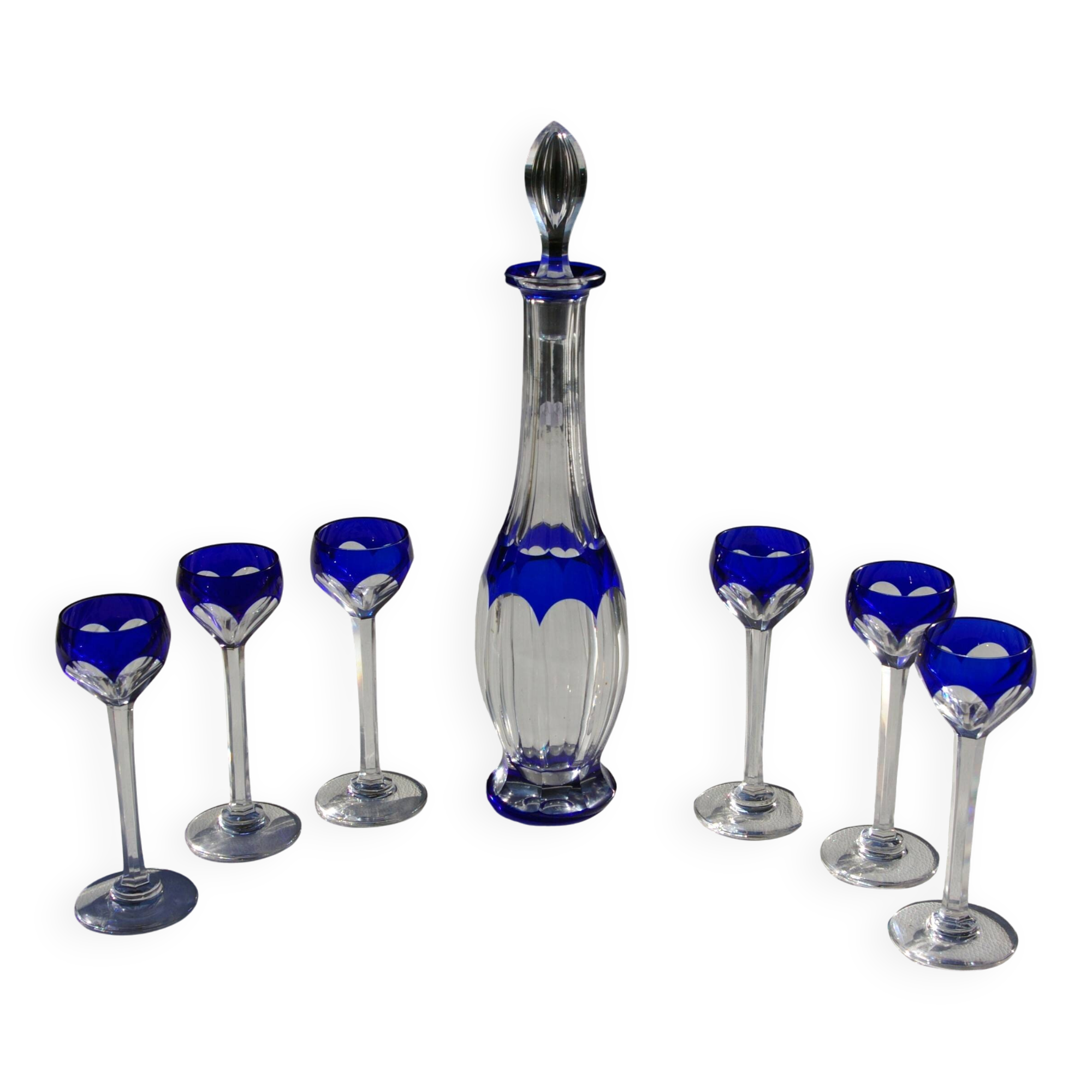 St. Louis BristoL pattern cut crystal liqueur set with blue overlay