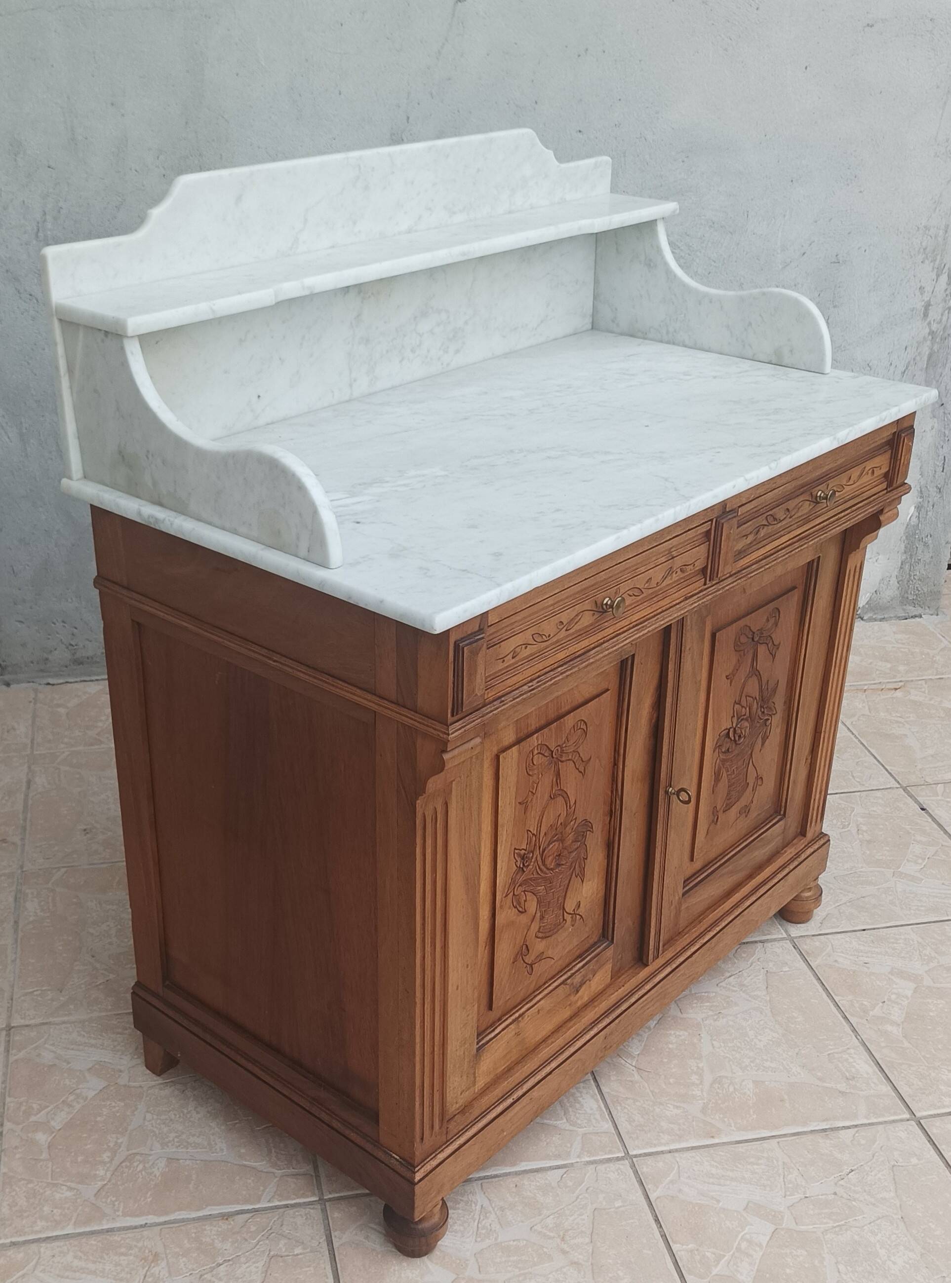 Antique walnut and white marble bathroom cabinet