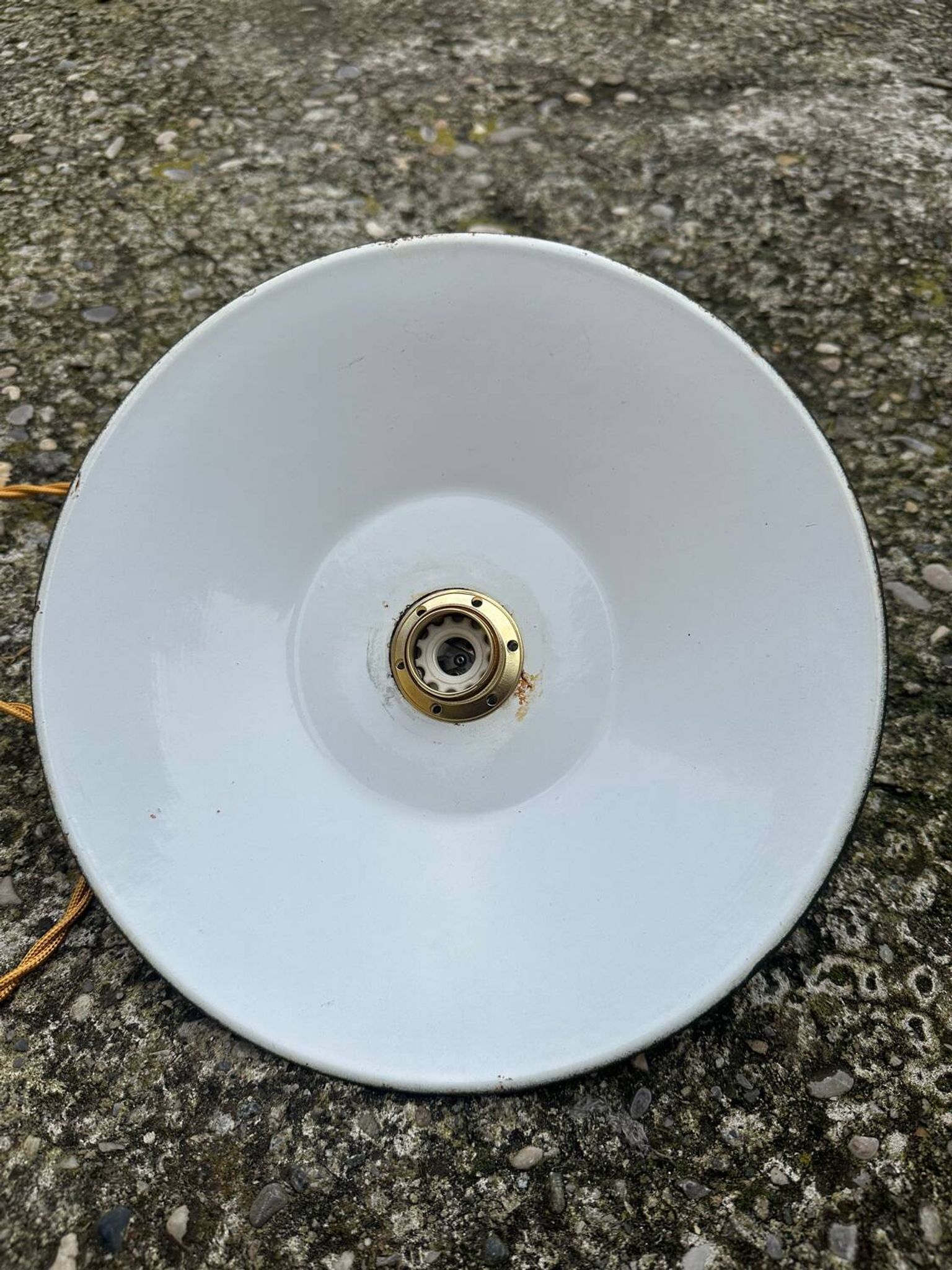 Old industrial black and white vintage enameled sheet metal pendant light