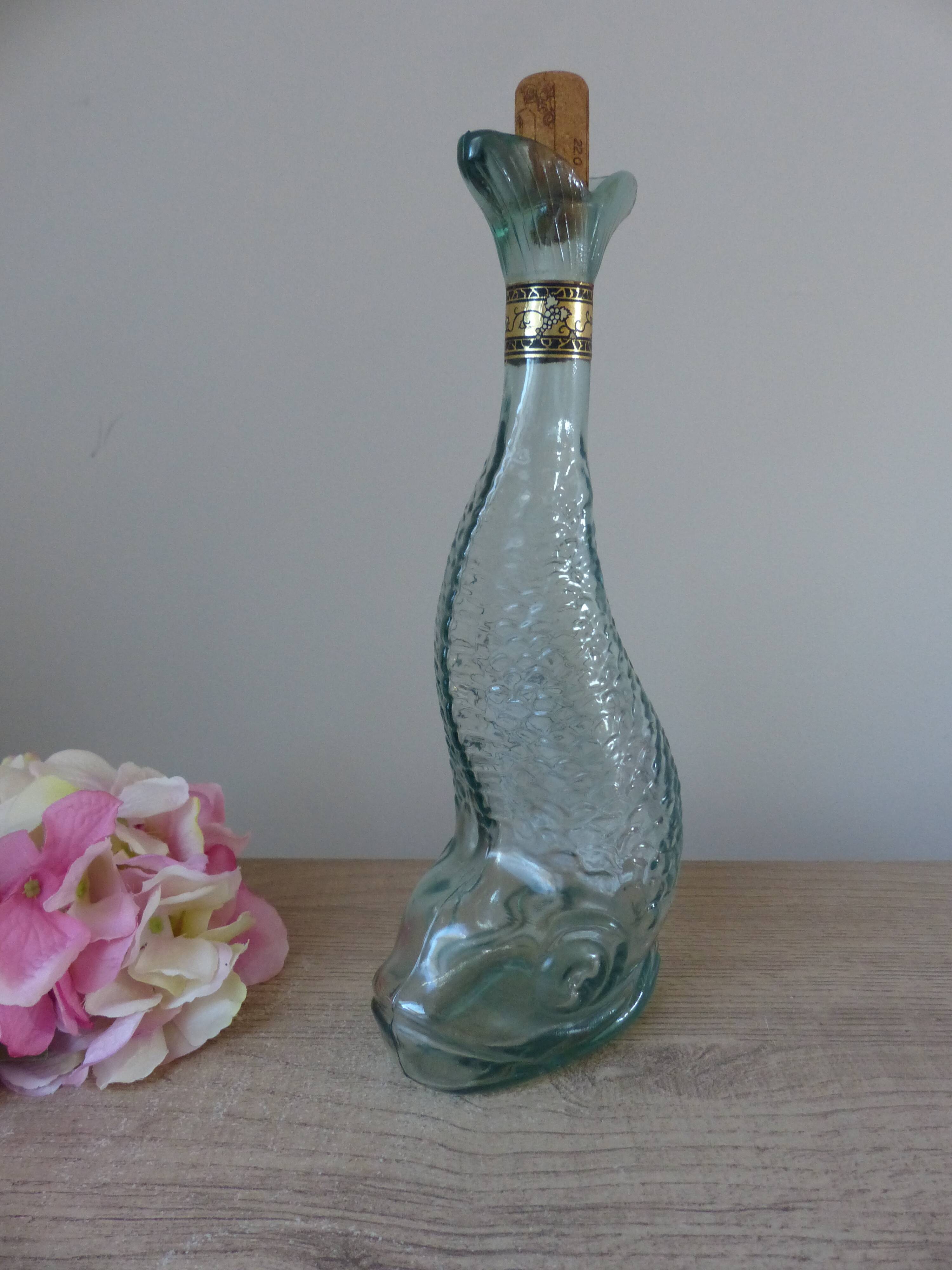 Vintage Italian glass fish bottle 75 cl, seaside decor 1970.