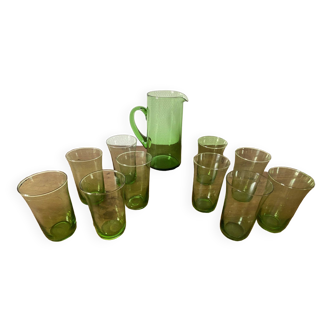 Service d'orangeade vintage en verre vert