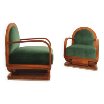 Pair of Art Deco & mohair velvet armchairs