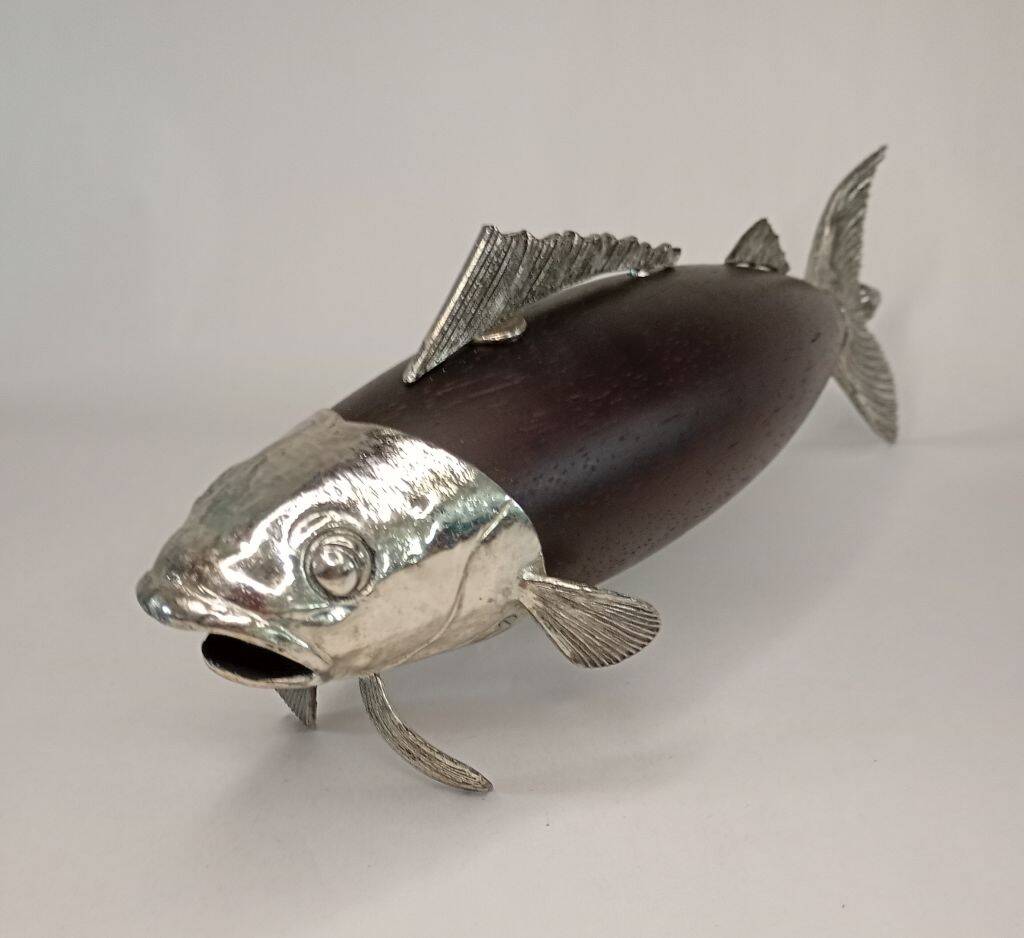 Italian Tre Spade Fish Shaped Rose Wood & Silverplate Pepper Mill or Grinde