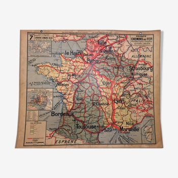 Carte scolaire vintage Vidal Lablache France les chemins de fer