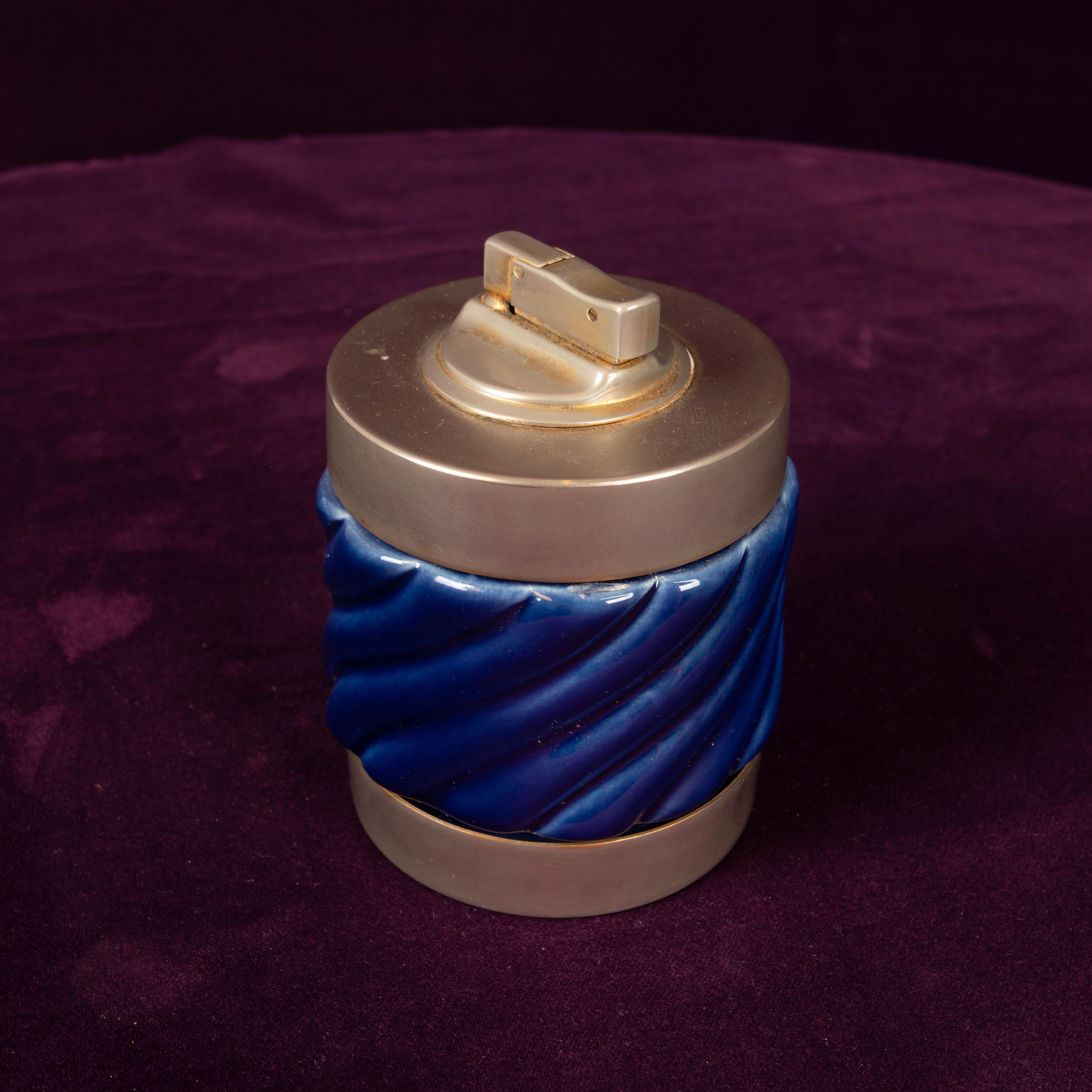 Tommaso Barbi Blue Glazed Ceramic and Brass-Toned Metal Table Lighter, 1970