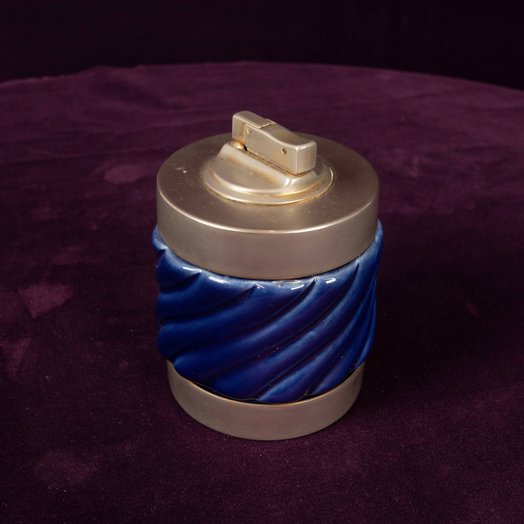 Tommaso Barbi Blue Glazed Ceramic and Brass-Toned Metal Table Lighter, 1970