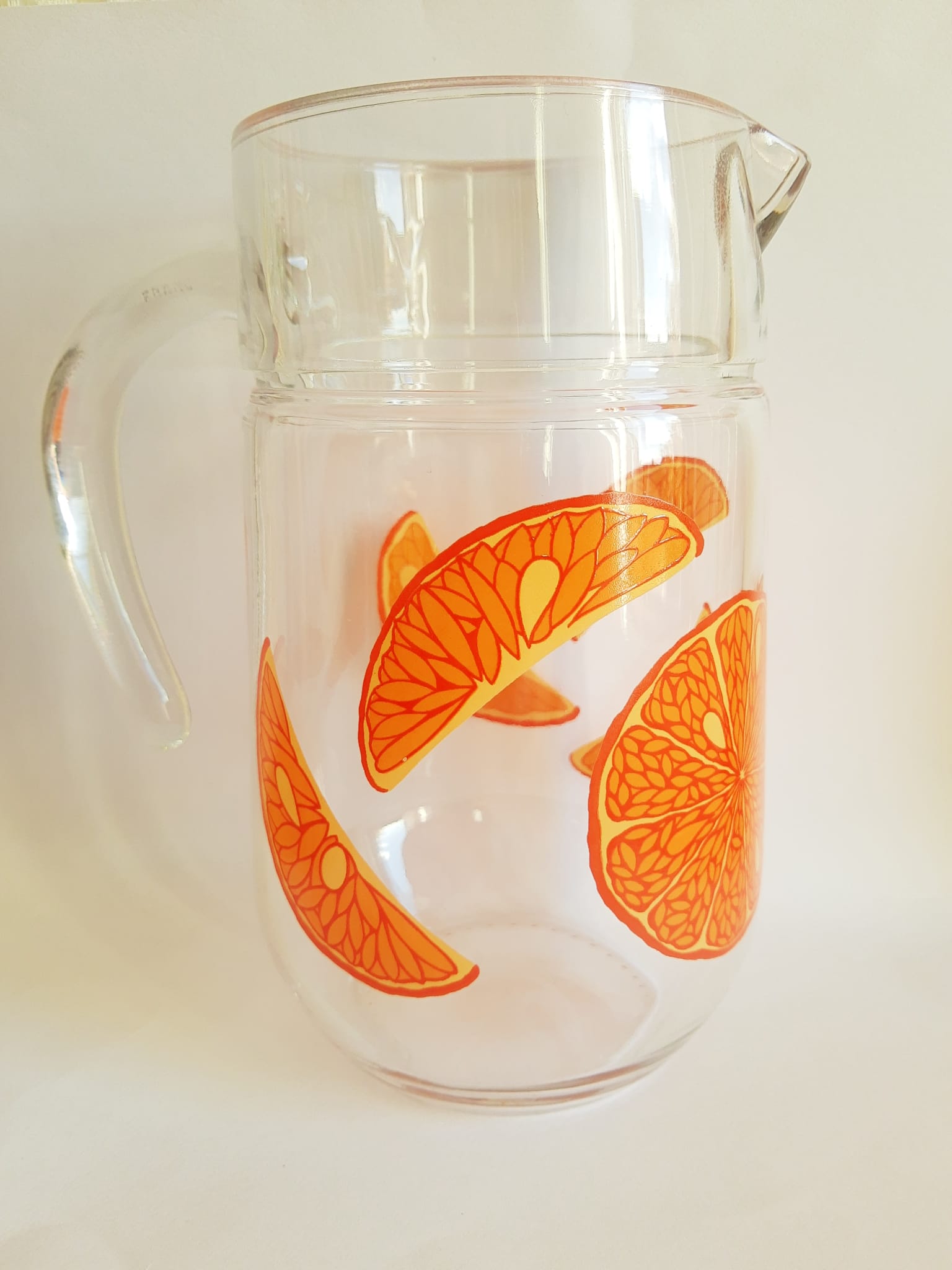Vintage orange fruit pattern glass carafe